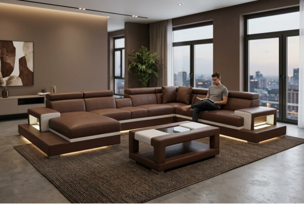 Design Leder Polster Sitz Zimmer Wohn Sofa Eck Couch Designer Garnitur +Tisch