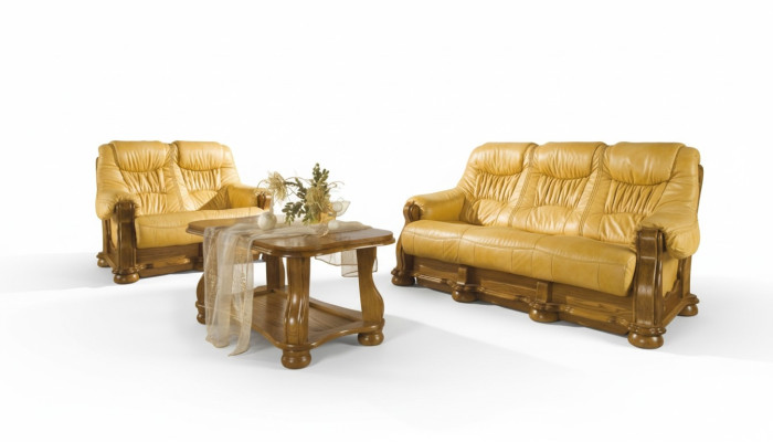 Landhaus Ledersofas Polster Garnitur Holzgestell 3+1+1 Sofagarnitur Couch