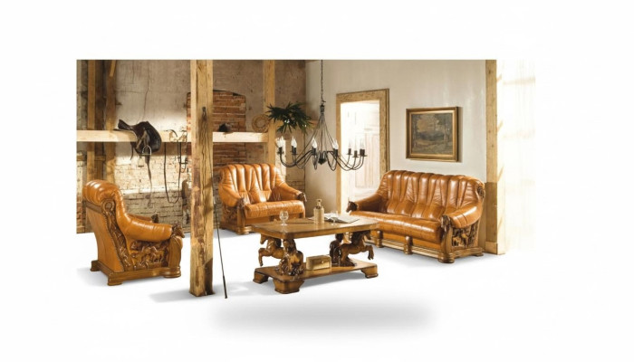 Wohnzimmer Sofagarnitur Couch Polster Sitz Deko Sofa Leder Holz 3+2+1 Set