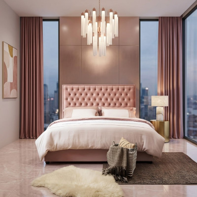 Bett Chesterfield Design Luxus Hotel Betten 180x200cm Schlaf Zimmer Leder Rosa