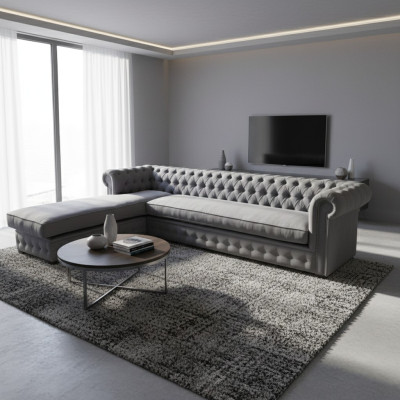 Samt Ecksofa Chesterfield Textil Stoff Eckcouch Sofa Polster Couch Eckgarnitur