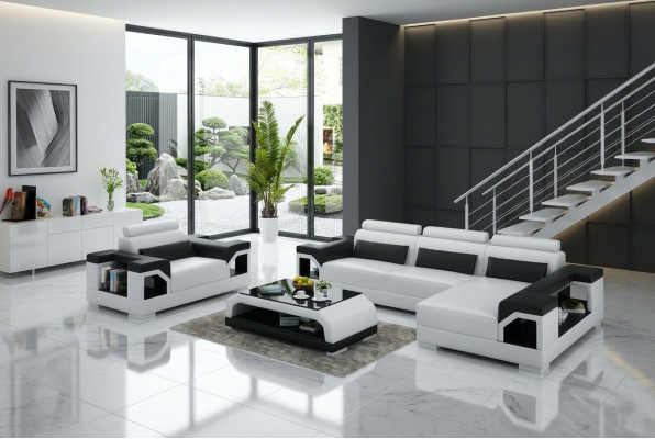 Ledersofa mit USB Wohnlandschaft Ecksofa +Sessel Eck Garnitur Design Modern Sofa