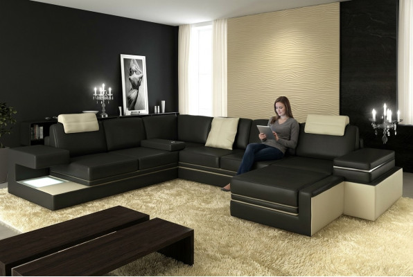 Modern Eckcouch Design Sofa Polster Ecke Leder Textil Couch LED Wohnlandschaft