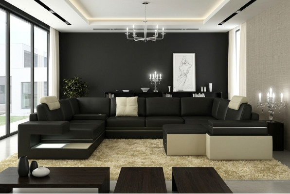 Modern Eckcouch Design Sofa Polster Ecke Leder Textil Couch LED Wohnlandschaft