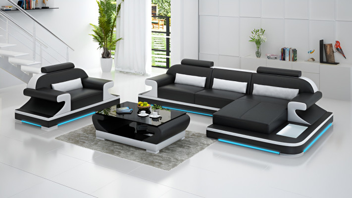 Ledersofa Couch Wohnlandschaft Ecksofa + Sessel Neu Garnitur Design Sofa mit USB