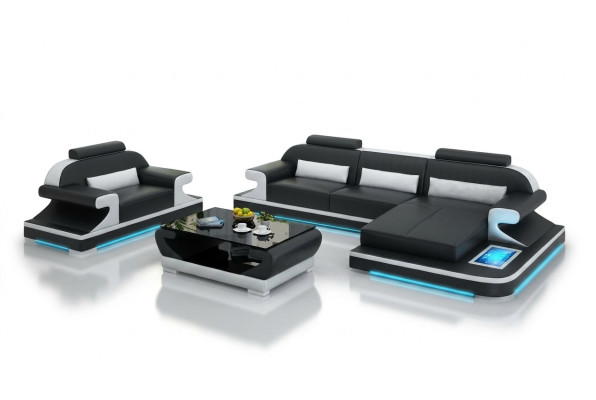 Ledersofa Couch Wohnlandschaft Ecksofa + Sessel Neu Garnitur Design Sofa mit USB