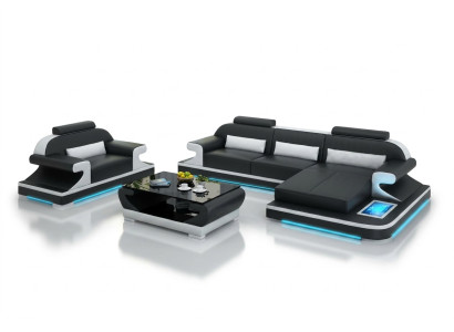 Ledersofa Couch Wohnlandschaft Ecksofa + Sessel Neu Garnitur Design Sofa mit USB