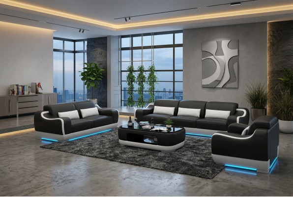 Ledersofa Couch Wohnlandschaft 3+2+1 Sitzer Garnitur Sofa Sofagarnitur mit USB