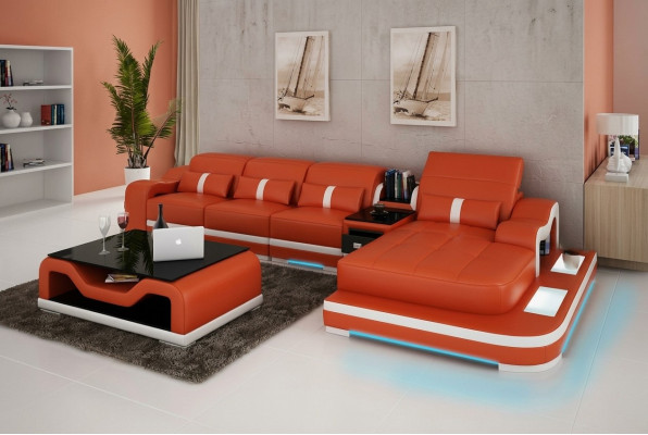 Ledersofa mit USB Couch Wohnlandschaft Ecksofa Eck Sofa Garnitur Design Modern