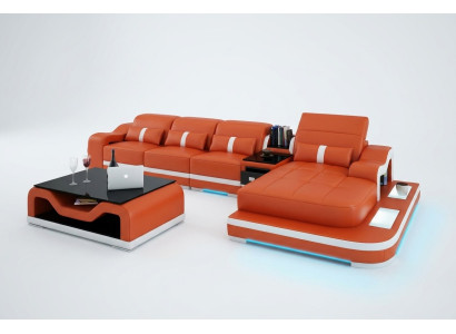 Ledersofa mit USB Couch Wohnlandschaft Ecksofa Eck Sofa Garnitur Design Modern