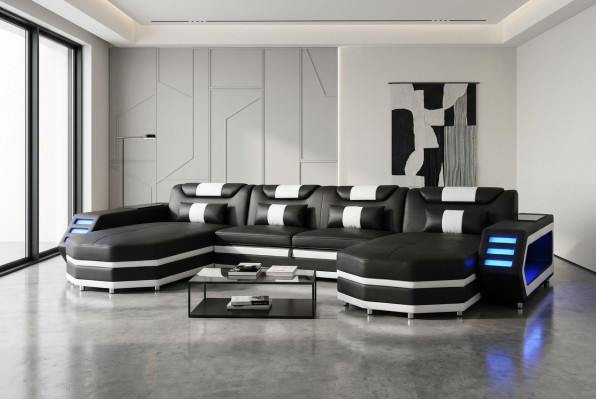 Design Leder Polster Sitz Ecke mit USB Leder Polster Landschaft Zimmer Wohn Sofa