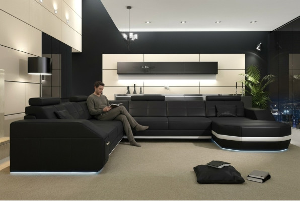 Ledersofa Ecksofa Wohnlandschaft Ecksofa Eckcouch Polster Sitz Ecke Neu USB+LED