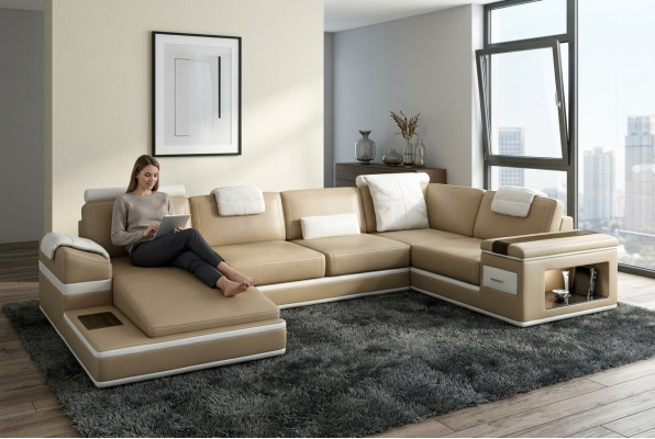 Ecksofa Sofa Beige USB Couch Polster Leder Garnitur Wohnlandschaft Ecke Wohn LED