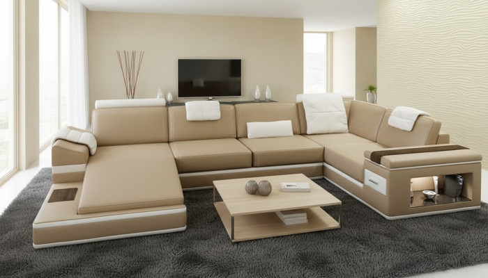 Ecksofa Sofa Beige USB Couch Polster Leder Garnitur Wohnlandschaft Ecke Wohn LED