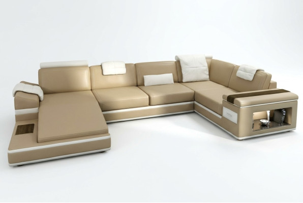Ecksofa Sofa Beige USB Couch Polster Leder Garnitur Wohnlandschaft Ecke Wohn LED