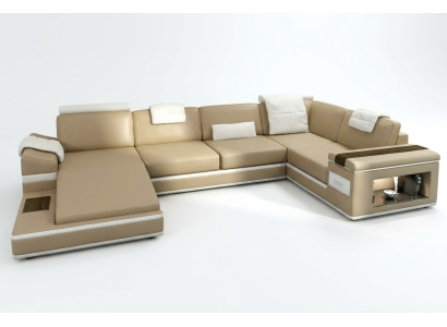 Ecksofa Sofa Beige USB Couch Polster Leder Garnitur Wohnlandschaft Ecke Wohn LED