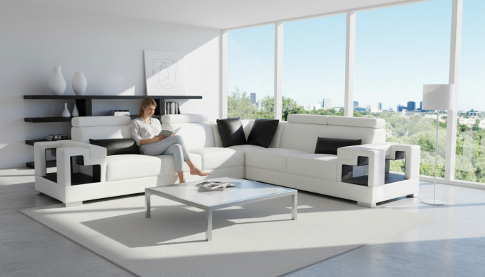 Ledersofa mit USB Couch Wohnlandschaft Eck Garnitur Design Modern Sofa L-Form