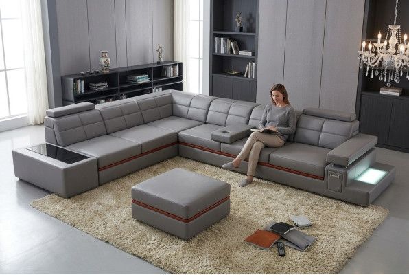 Ledersofa Couch Wohnlandschaft Ecksofa Eck Garnitur +USB Neu Design Modern Sofa
