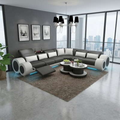 Ledersofa Couch Wohnlandschaft Ecksofa Eck Garnitur Design Modern Sofa USB Relax