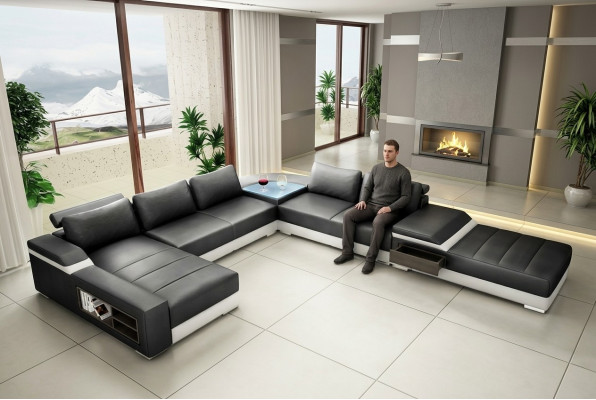 Ecksofa U Form Sofa Couch Polster Ecksofa Wohnlandschaft Ledersofa USB Neu 2680