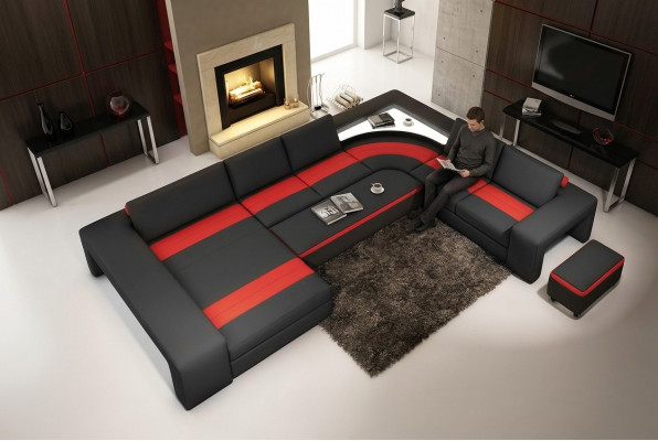 Wohnlandschaft Ecksofa mit LED & USB Sofa Polster Couch Garnitur U Form Leder