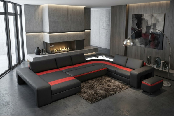 Wohnlandschaft Ecksofa mit LED & USB Sofa Polster Couch Garnitur U Form Leder