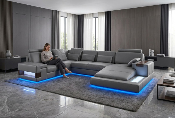 Großes Sofa Wohnlandschaft Ledersofa mit USB Design Sofa Couch Polster Ecksofa