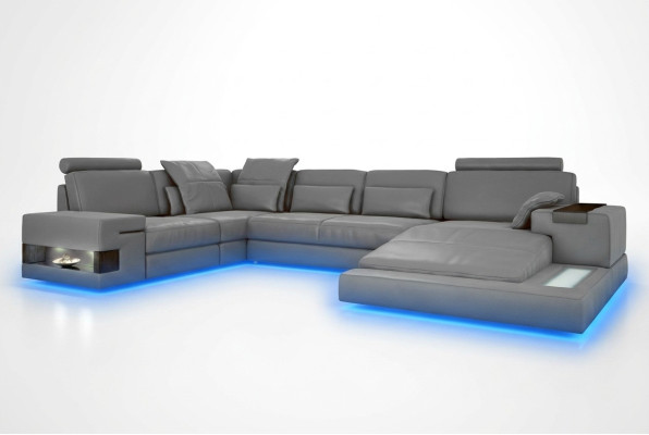 Großes Sofa Wohnlandschaft Ledersofa mit USB Design Sofa Couch Polster Ecksofa