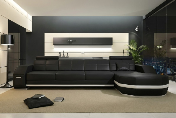 Ecksofa USB + LED Sofa Wohnlandschaft U Form Polster Couch Ledersofa Stoff Leder