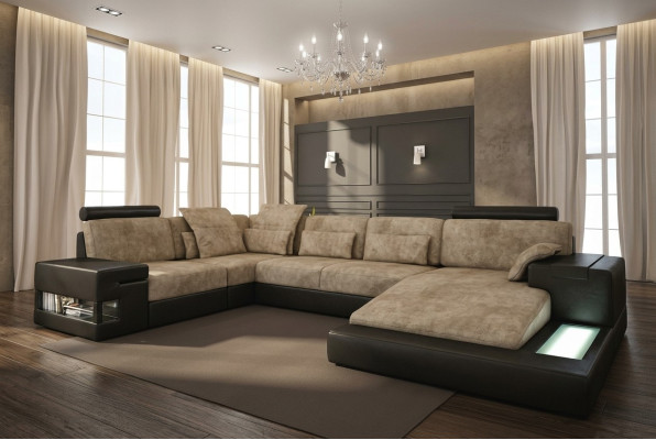 Ecksofa Sofa Wohnlandschaft U Form Polster Couch Ledersofa Stoff Leder USB + LED