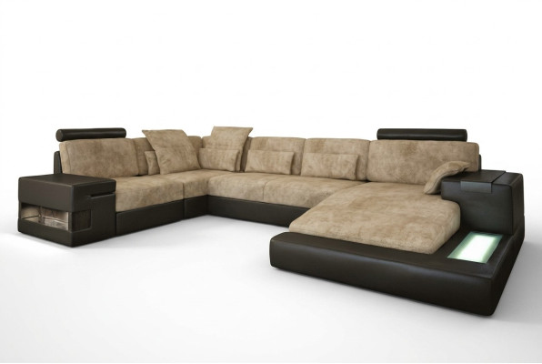 Ecksofa Sofa Wohnlandschaft U Form Polster Couch Ledersofa Stoff Leder USB + LED