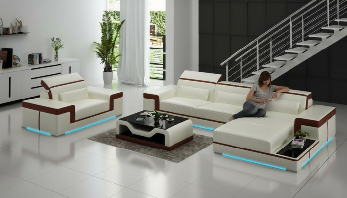 Ledersofa Couch Wohnlandschaft Ecksofa + Sessel Eck Garnitur Design Sofa mit USB