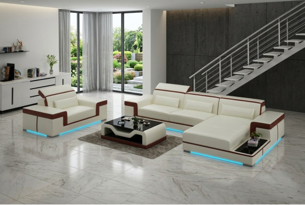 Ledersofa Couch Wohnlandschaft Ecksofa + Sessel Eck Garnitur Design Sofa mit USB