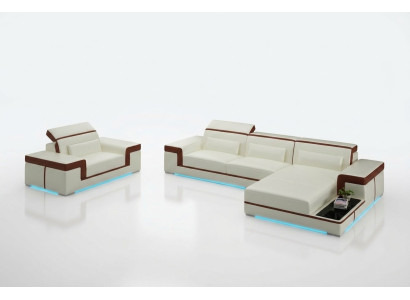Ledersofa Couch Wohnlandschaft Ecksofa + Sessel Eck Garnitur Design Sofa mit USB
