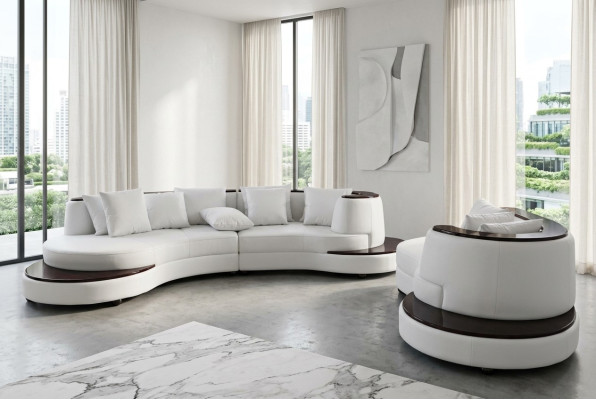 Luxus Runde Wohn Eck Leder Garnitur Landschaft Polster Ecke XXL Rund Sofa USB