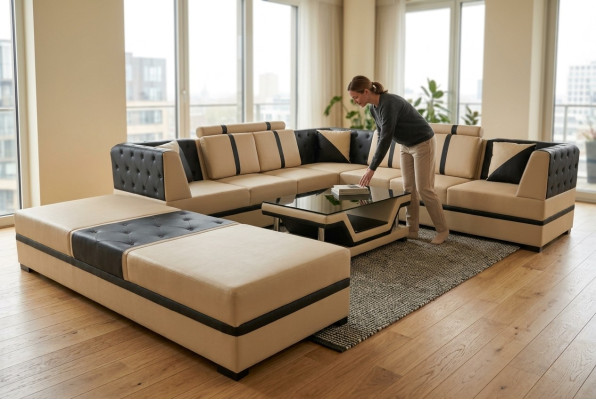 Ecksofa Design Polster Eckcouch Eckgarnitur Sofa Wohnlandschaft 3tlg Tisch USB