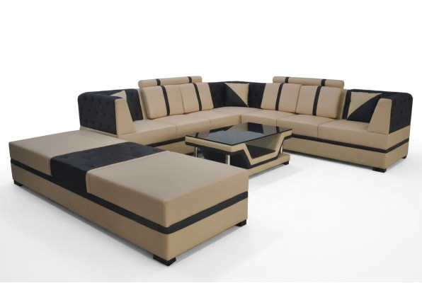 Ecksofa Design Polster Eckcouch Eckgarnitur Sofa Wohnlandschaft 3tlg Tisch USB