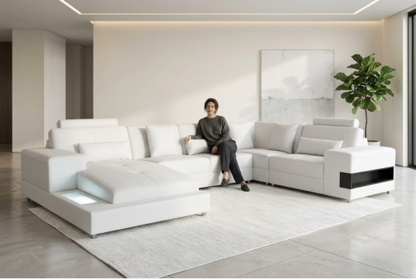 Ledersofa Couch Wohnlandschaft Eck Garnitur Design Modern Sofa U-Form mit USB