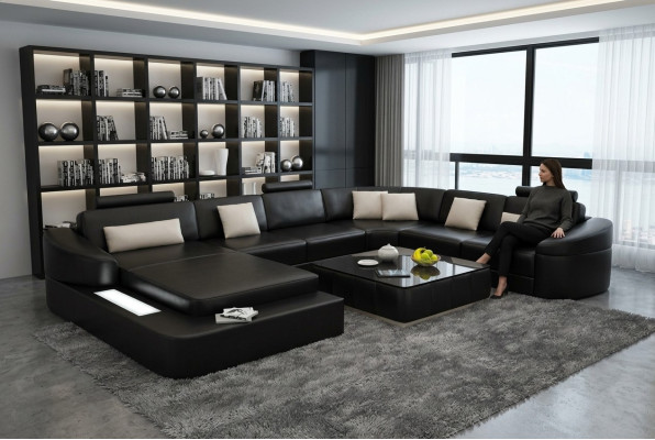 Luxus Ledersofa Polster Moderne Sitz Garnitur Eckcouch Wohnlandschaft LED USB