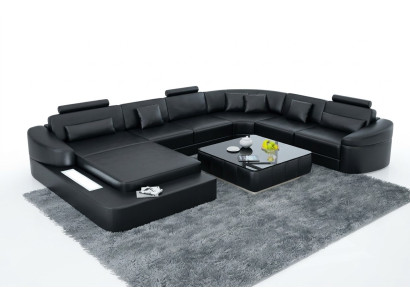 Luxus Ledersofa Polster Moderne Sitz Garnitur Eckcouch Wohnlandschaft LED USB