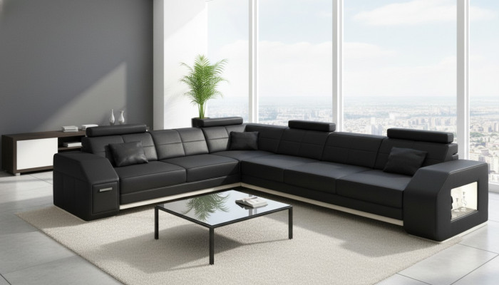 Ecksofa Ledersofa Sofa mit USB Polster Sitz Ecke Garnitur Wohnlandschaft Couch