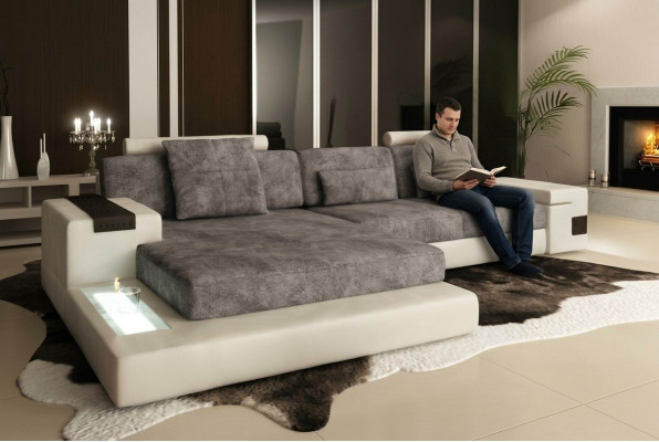 Ecksofa mit USB Polster Wohnlandschaft Garnitur Ecke Stoff Textil Sofa Grau Weiß