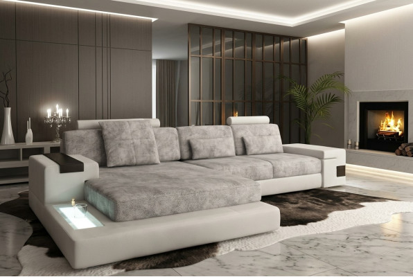 Ecksofa mit USB Polster Wohnlandschaft Garnitur Ecke Stoff Textil Sofa Grau Weiß