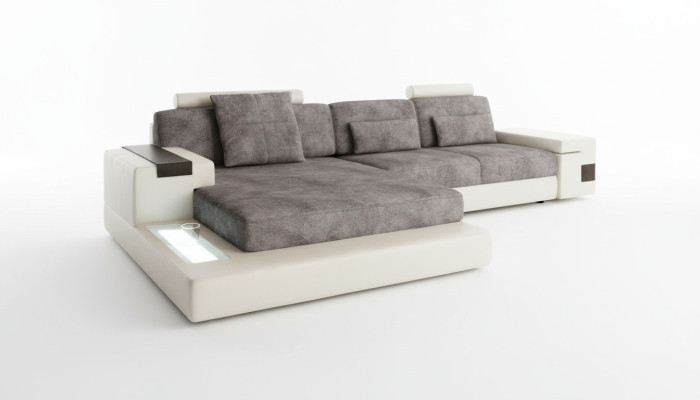Ecksofa mit USB Polster Wohnlandschaft Garnitur Ecke Stoff Textil Sofa Grau Weiß
