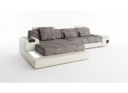 Ecksofa mit USB Polster Wohnlandschaft Garnitur Ecke Stoff Textil Sofa Grau Weiß