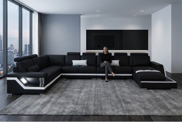 Ledersofa Wohnlandschaft Eck Garnitur Design Sofa U-Form + Chaise mit USB L6002