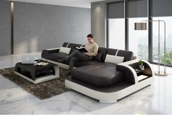Ecksofa Sofa + USB Polster Wohnlandschaft LED Polsterecke Designsofa Ledersofa