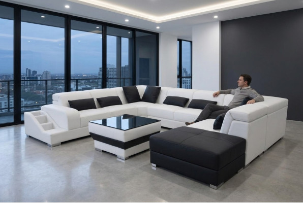 Leder Eck Sofa Wohnlandschaft Garnitur Design Modern Couch Sofas USB LED Hocker