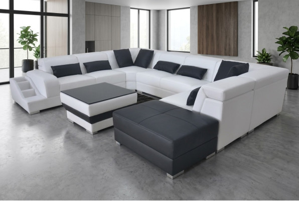 Leder Eck Sofa Wohnlandschaft Garnitur Design Modern Couch Sofas USB LED Hocker