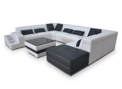 Leder Eck Sofa Wohnlandschaft Garnitur Design Modern Couch Sofas USB LED Hocker